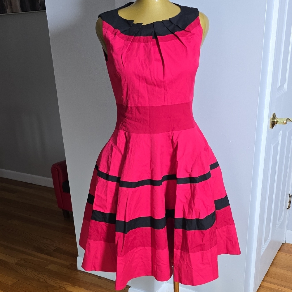 Vintage-Inspired Pink Fit & Flare Dress with Black Trim